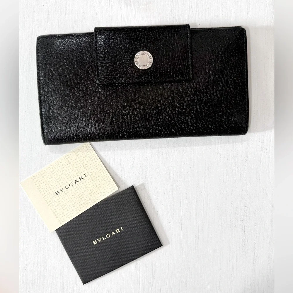 BVLGARI Black Leather Trifold Wallet Organizer Snap Closure